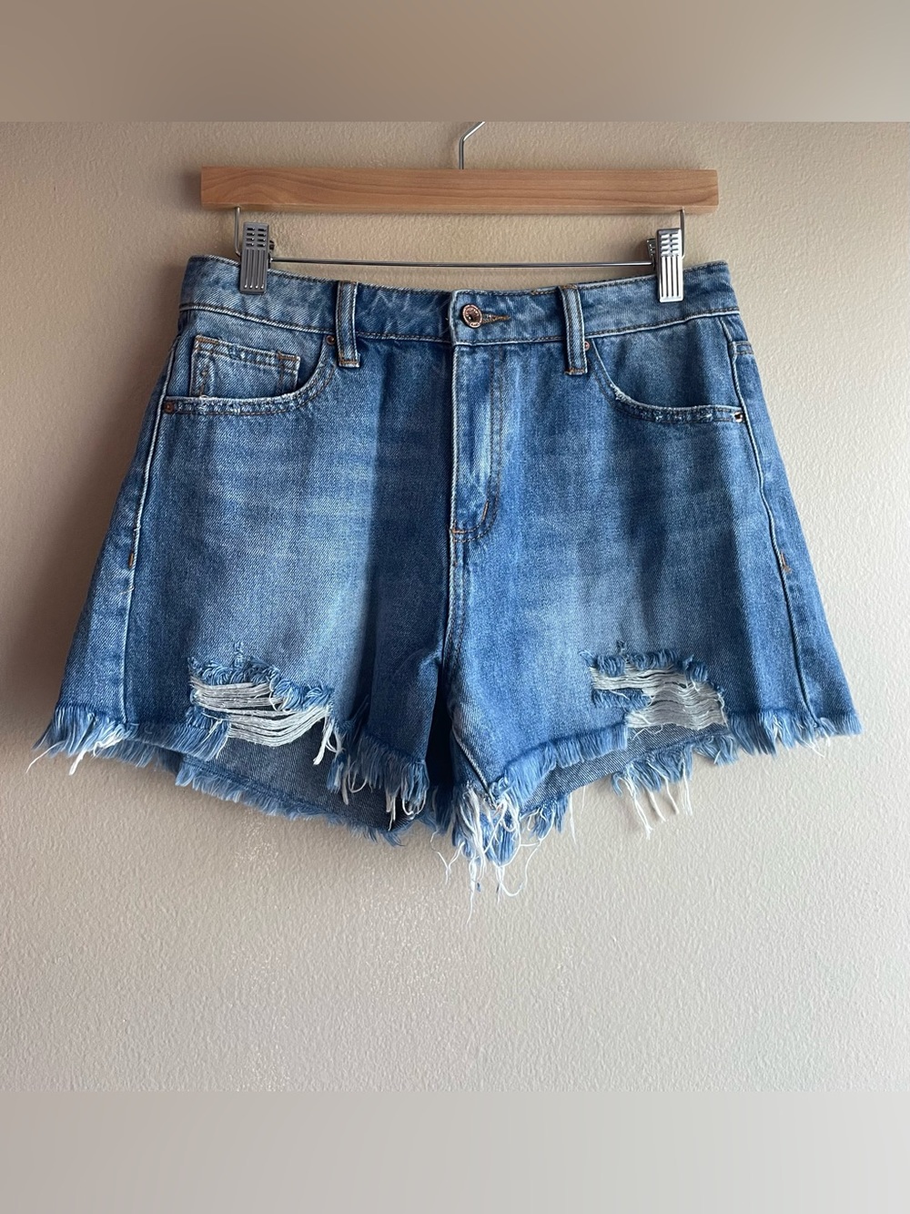 Special A Women Blue High Rise Denim Cut Off Shorts Size S Cotton Pockets